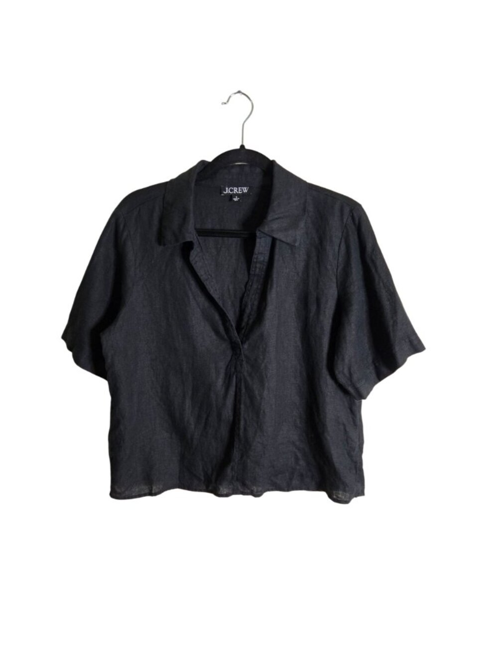 J.Crew Bungalow Popover Top Black Linen Boxy Fit Collared V Neck 2024 Size S - Picture 2 of 7